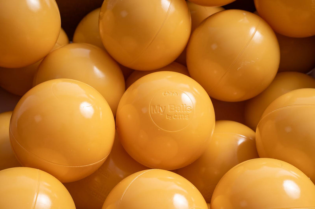 15 g commercial grade ball pit balls, yellow mango powder colors